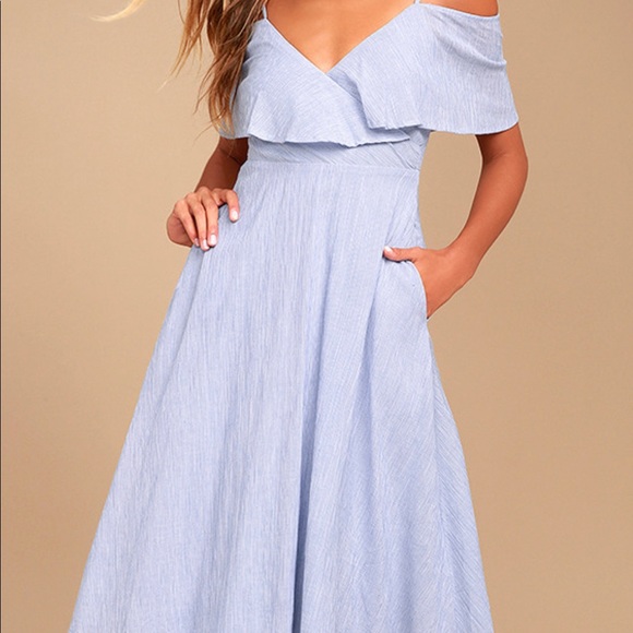 Lulus Dresses & Skirts - Blue and White Striped Off-the-Shoulder Midi Dress